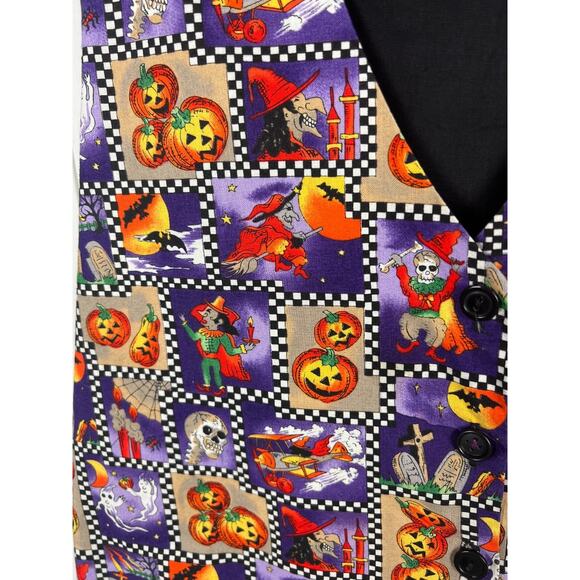 111 Main Vest Women Large Halloween Cartoon Patchwork Checker Print Colorful - Picture 5 of 8